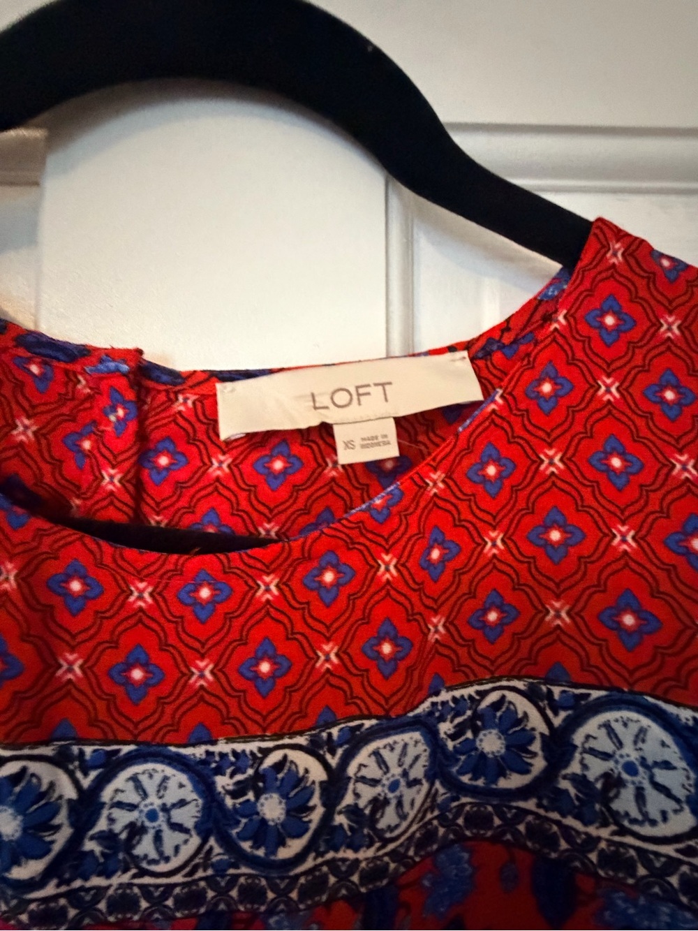 LOFT Red Floral Boho Long-Sleeve Blouse with Blue Accents - Picture 2 of 3